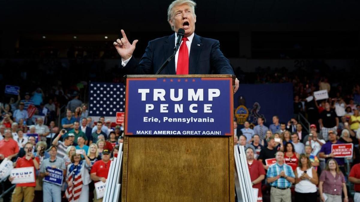 FILE - This Friday, Aug. 12, 2016, file photo, Republican presidential candidate Donald Trump speaks during a campaign rally, in Erie, Pa. Trump has shattered the normal Republican consensus in Utah even more so than he has nationwide, activating fault lines under a normally stable electorate largely unified by a single religion.