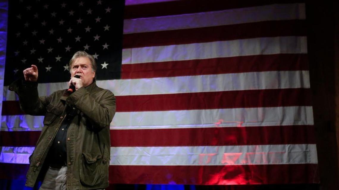 Former White House strategist Steve Bannon speaks at a rally for U.S. Senate hopeful Roy Moore, Monday, Sept. 25, 2017, in Fairhope, Ala.