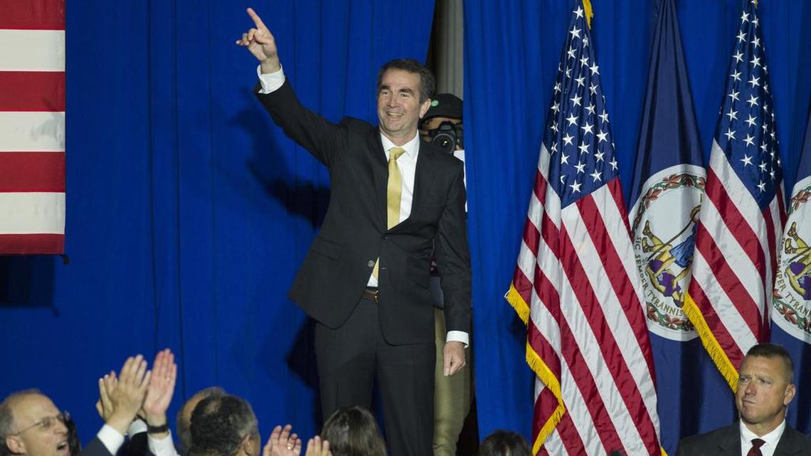 Virginia Gov.-elect Ralph Northam celebrates his victory over Republican Ed Gillespie on Tuesday night at George Mason University in Fairfax, Va. Democrats got big wins across the country.