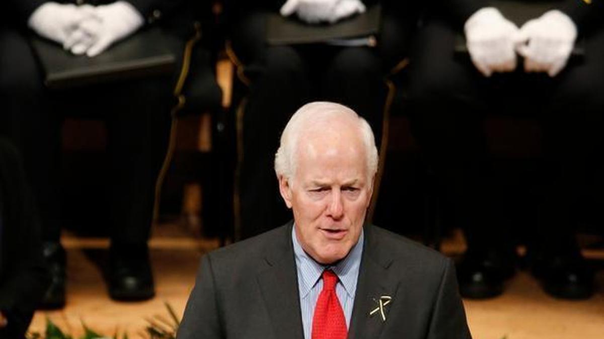 Sen. John Cornyn speaks during a memorial for five Dallas and DART police officers shot to death in last week's attack on Tuesday, July 12, 2016, at the Morton H. Meyerson Symphony Center in Dallas.