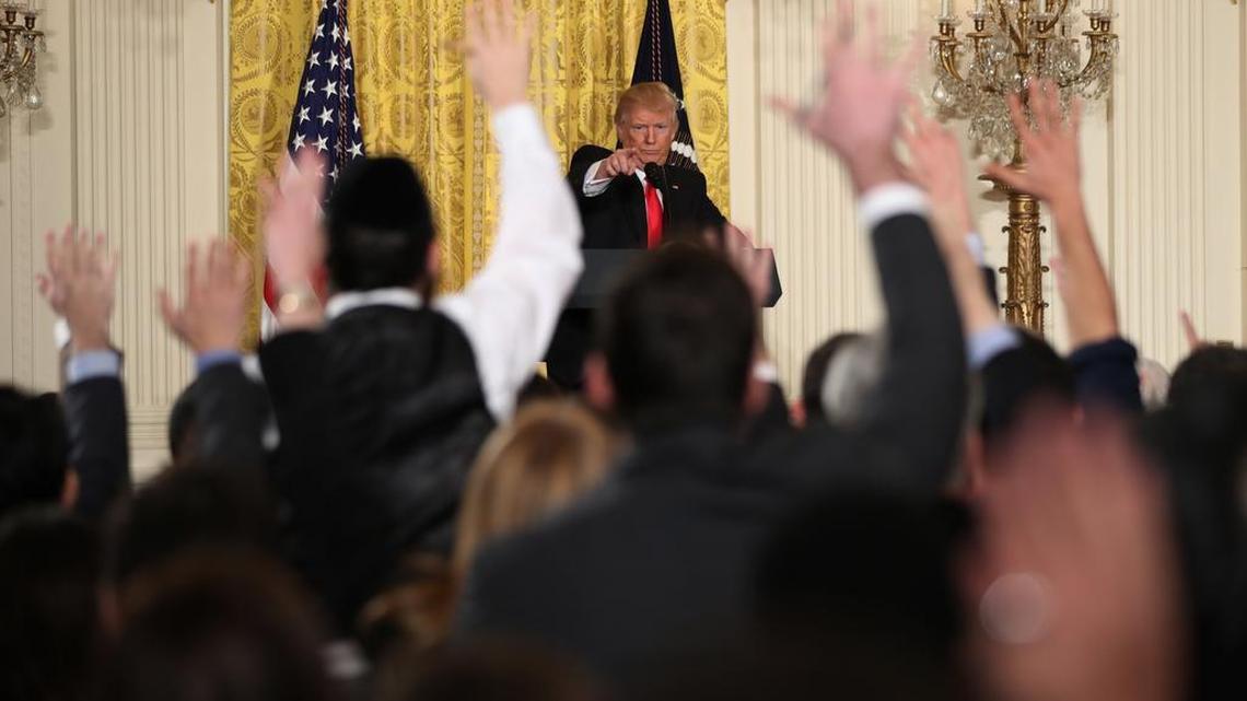 President Donald Trump calls on a reporter during a news conference, Thursday, Feb. 16, 2017, in the East Room of the White House in Washington.