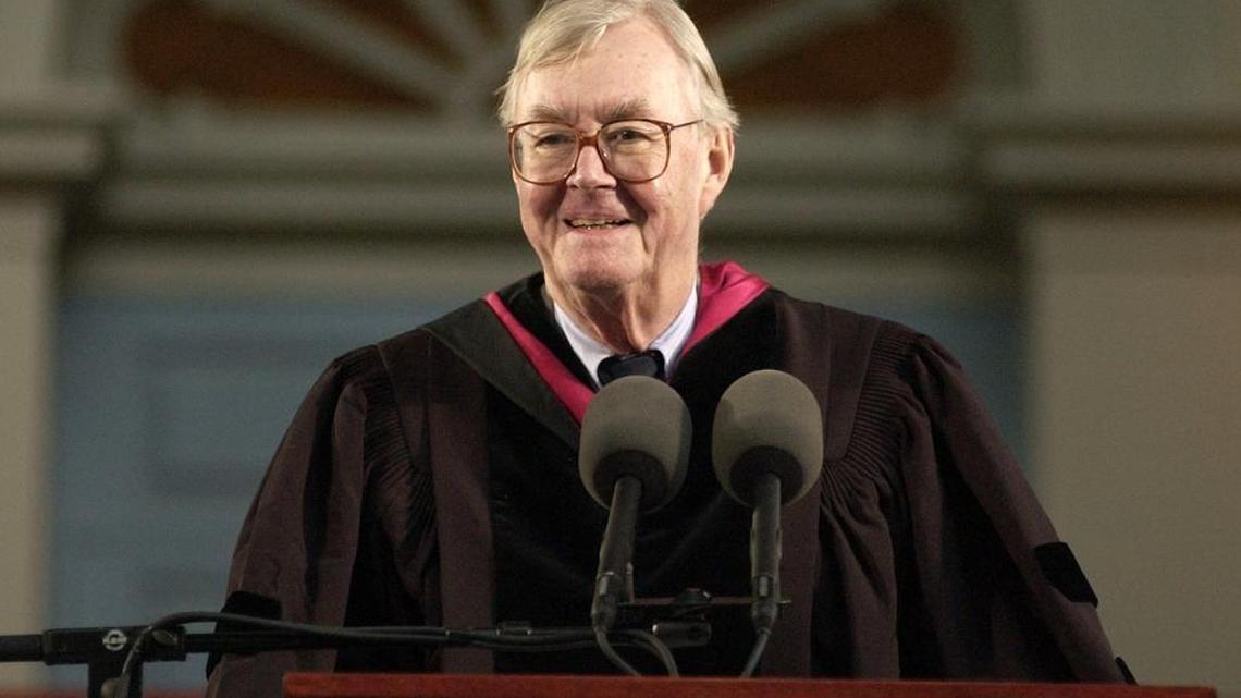 Former New York Sen. Daniel Patrick Moynihan smiles while giving the commencement address at Harvard University in Cambridge, Mass., Thursday, June 6, 2002.