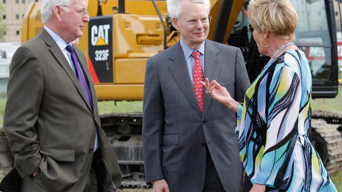 Jonathan D.F. Nelson, Robert Bass and Mayor Betsy Price attend the official groundbreaking ceremony for the Hemphill-Lamar Connector on April 8, 2015, at the site where Southside Fort Worth and the southern parts of downtown will have a greater connection in Texas.
