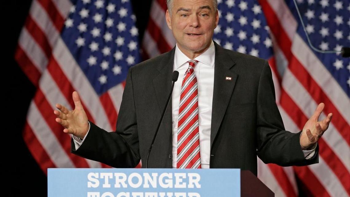 Democratic vice presidential candidate Sen. Tim Kaine, D-Va. speaks during a campaign rally in Wilmington, N.C.