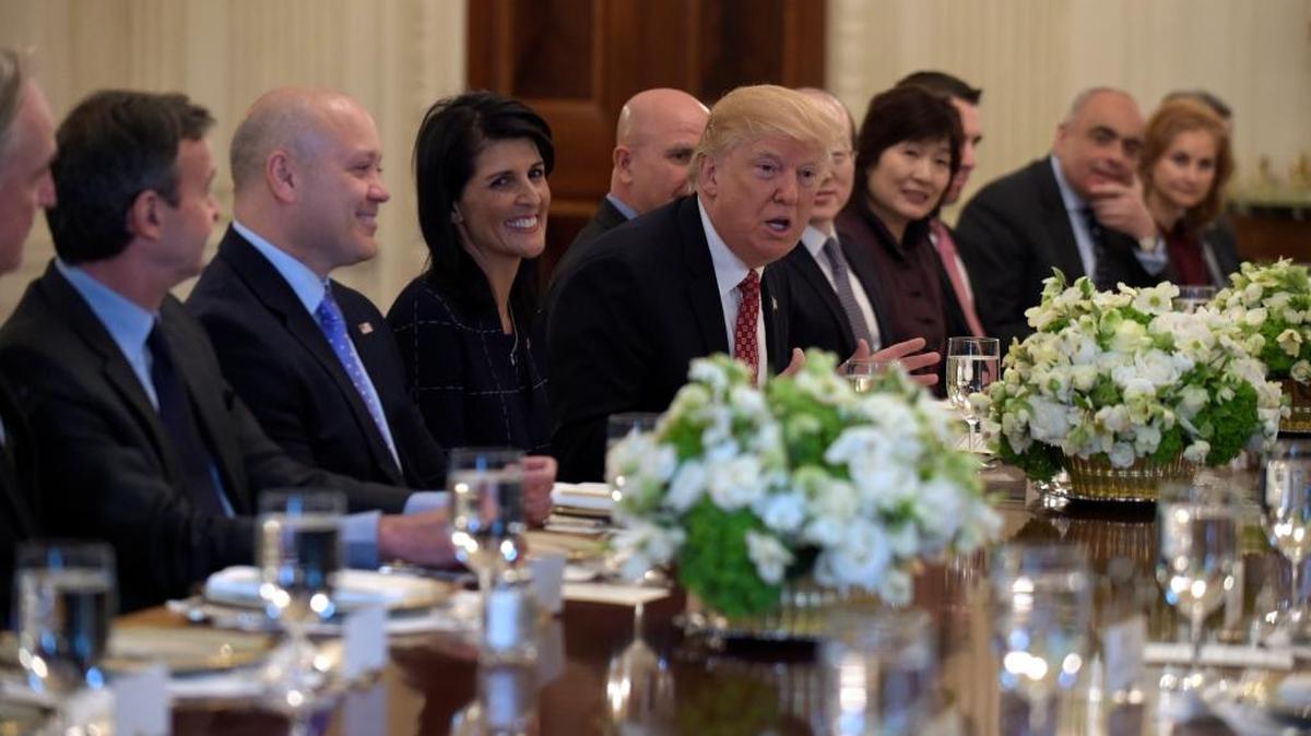 President Donald Trump, sitting next to U.S. Ambassador to the UN Nikki Haley, speaks during a working lunch with ambassadors of countries on the United Nations Security Council and their spouses, Monday, April 24, 2017, in the State Dining Room of the White House in Washington.