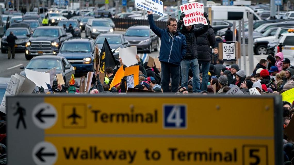 Protesters assemble at John F. Kennedy International Airport in New York, Saturday, Jan. 28, 2017 to protest Trump’s original travel executive order.
