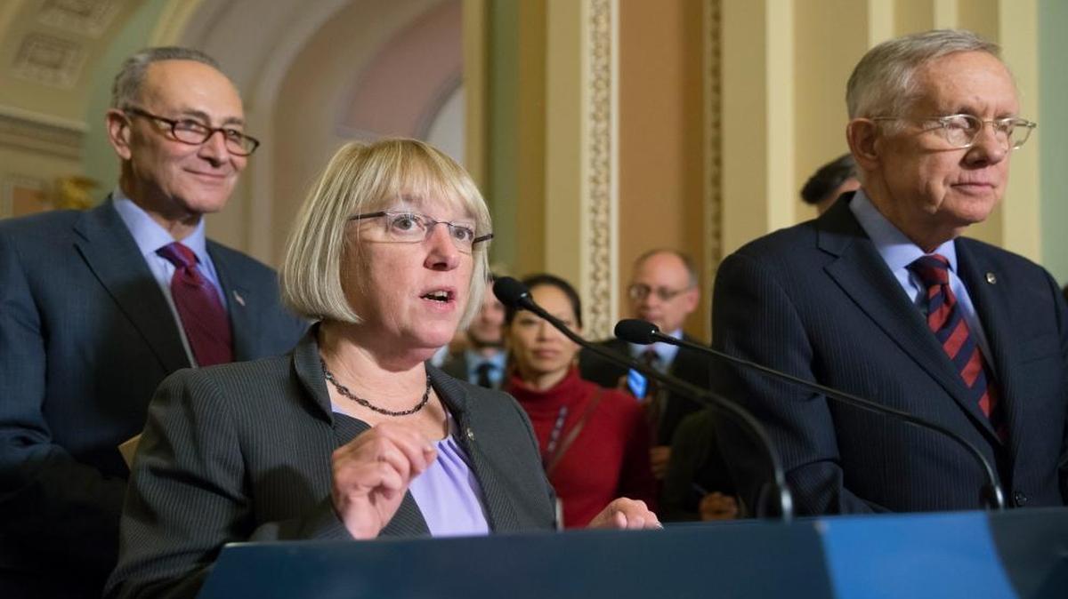 Sen. Patty Murray, D-Wash., shown here with Senate Minority Leader Harry Reid, D-Nev., right, and Sen. Chuck Schumer, D-N.Y., wants to restore $38 million for a program that would allow members of the U.S. military to freeze their sperm and eggs before deployment. On Tuesday, Senate Republicans for the second time blocked a vote on her funding amendment.