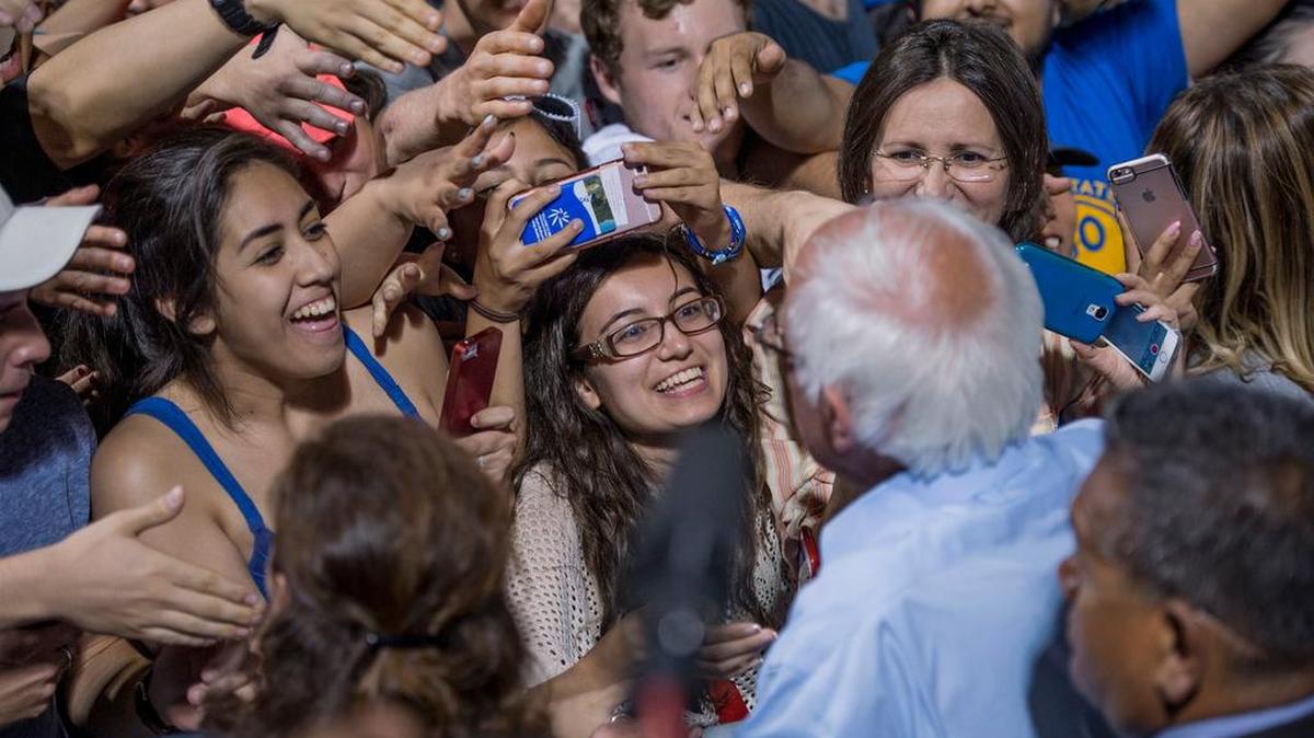 Bernie Sanders meets supporters after speaking at a rally at at UC Davis on Wednesday.