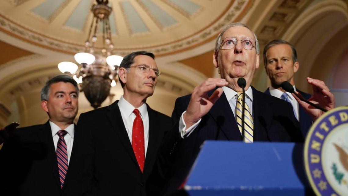 Senate Majority Leader Mitch McConnell, R-Ky. – accompanied by Sens. Cory Gardner, R-Colo. (from left), John Barrasso, R-Wyo., and John Thune, R-S.D. – speaks to reporters on Capitol Hill in Washington, Tuesday, May 2, 2017, following a policy luncheon.