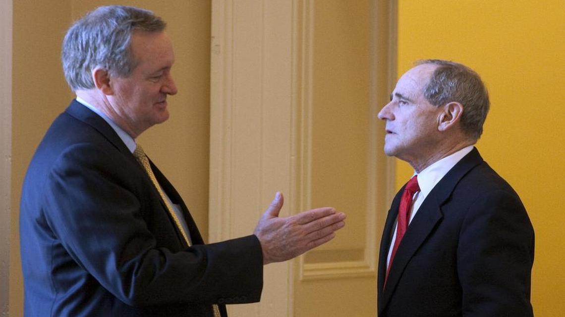 Idaho Republican Sens. Mike Crapo, left, and Jim Risch are in line to lead full U.S. Senate committees in 2017 if their party maintains control of the Senate. They’re shown talking near the Senate floor at the U.S. Capitol in Washington.