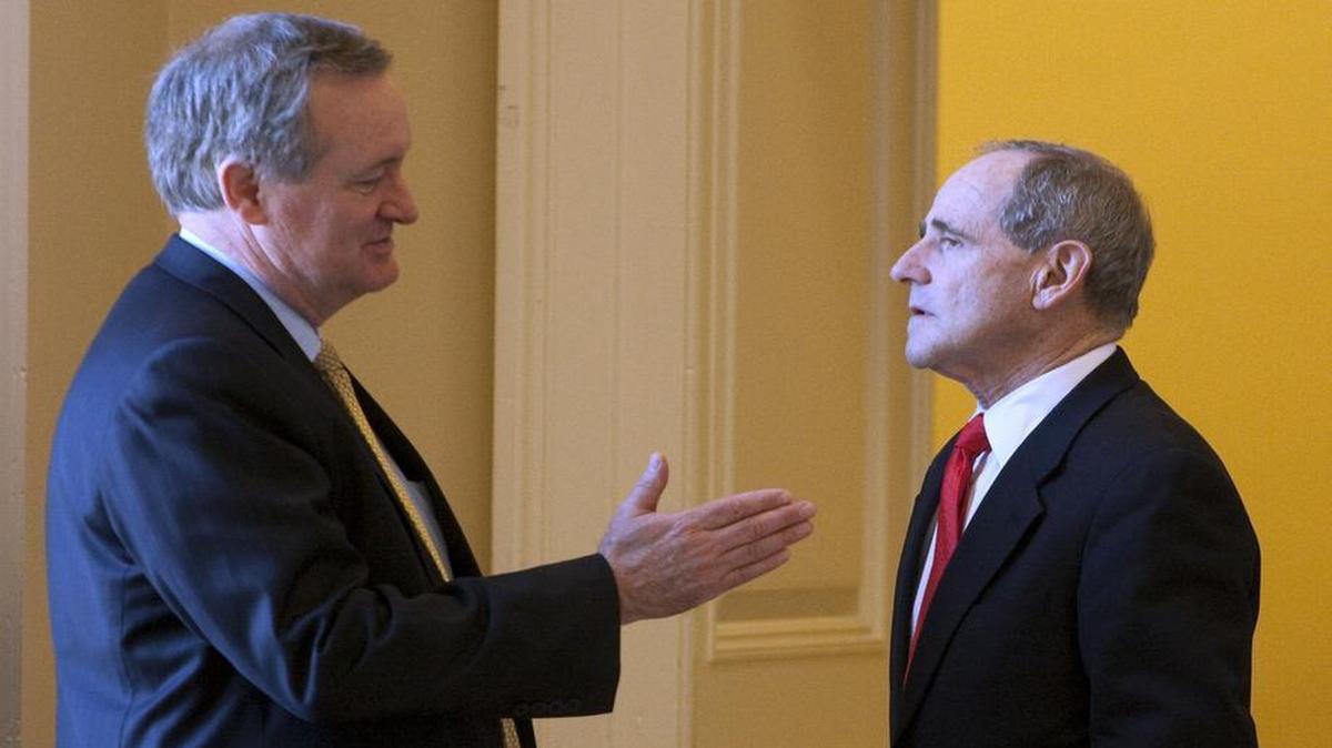 Idaho Republican Sens. Mike Crapo, left, and Jim Risch are in line to lead full U.S. Senate committees in 2017 if their party maintains control of the Senate. They’re shown talking near the Senate floor at the U.S. Capitol in Washington.