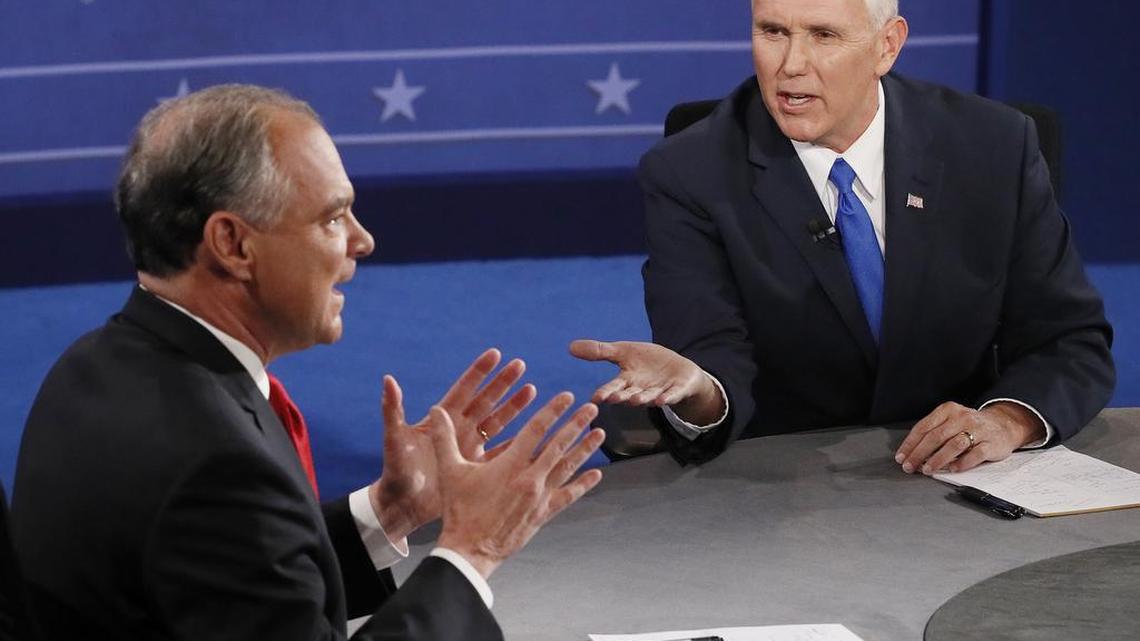 Republican vice-presidential nominee Gov. Mike Pence, right, and Democratic vice-presidential nominee Sen. Tim Kaine sparred during the vice-presidential debate at Longwood University in Farmville, Va.