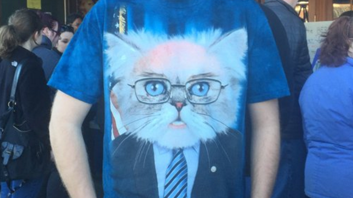 Zebulon Hildreth of Hinsdale, NH, wears his support of Bernie Sanders (and cats?) on his chest.