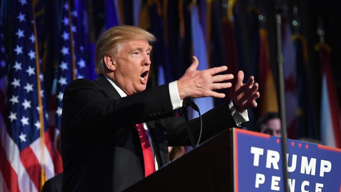 President-elect Donald Trump addresses supporters at an election night event at the New York Hilton Midtown on November 8, 2016.