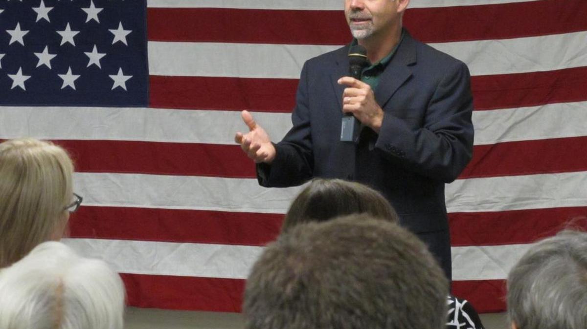 In this July 25, 2016 photo, U.S. Rep. Tim Huelskamp, R-Kan., speaks during a campaign town hall meeting in St. Marys, Kan. Huelskamp lost his primary race, but he’s still got work he wants done in Washington.