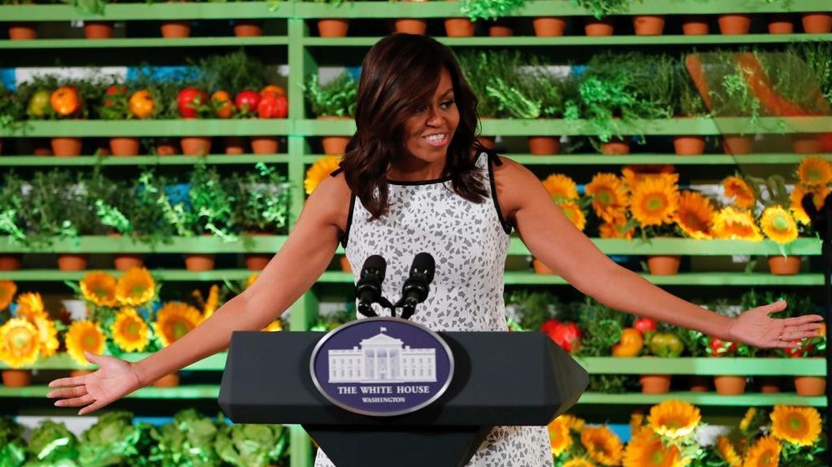First Lady Michelle Obama speaks at the 2016 Kids' State Dinner in the East Room of the White House in Washington, Thursday, July 14, 2016. The event is hosted by First Lady Michelle Obama and is part of the Healthy Lunchtime Challenge inviting 8- to 12-year-olds across the country to create healthy, affordable, original and delicious lunch recipes.