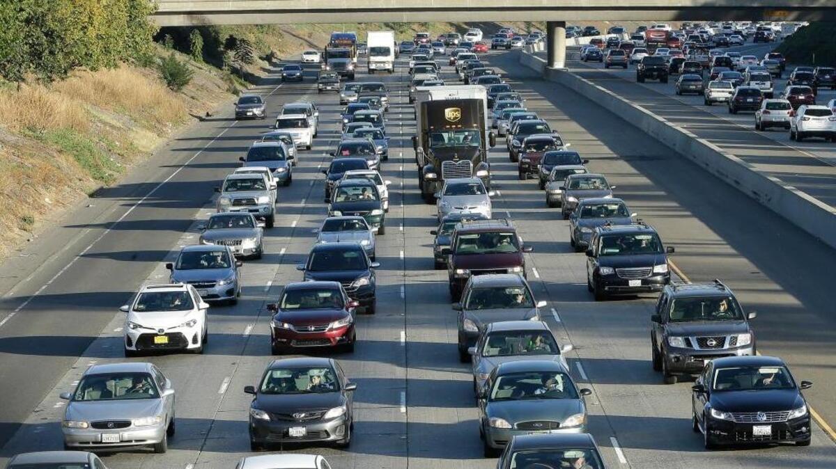 Vehicles crowd Highway 50 in Sacramento, Calif.