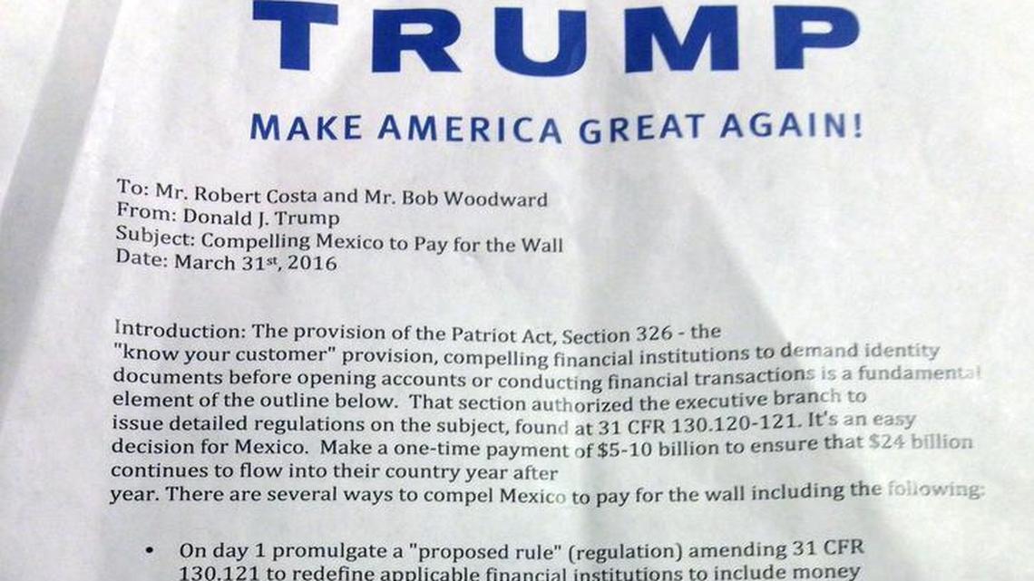 Memo from the Trump campaign outlining Donald Trump's plan to compel Mexico to pay for a wall along the southern border of the United States.