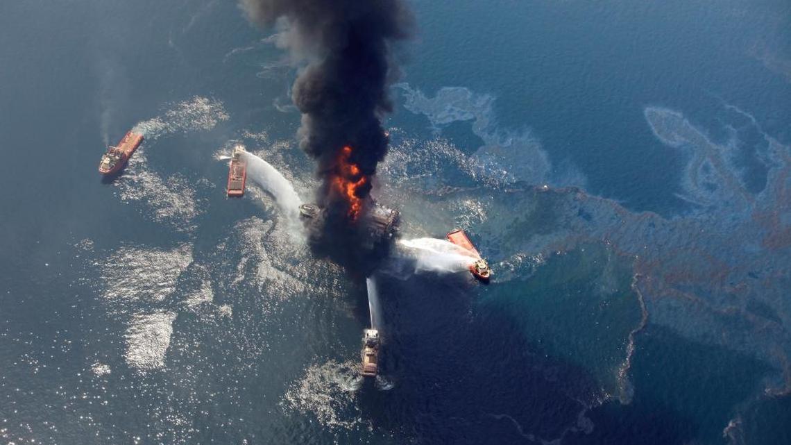 Oil gushes into the Gulf of Mexico following the explosion of the Deepwater Horizon oil rig on April 21, 2010. President Trump issued an order Friday that could make it easier for energy companies to build oil rigs in coastal waters from the Atlantic to the Arctic oceans, sparking new fears about catastrophic spills.