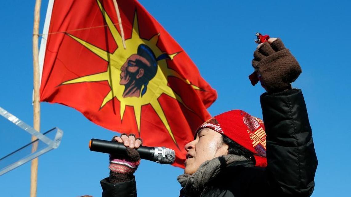 Juanita Cabrera Lopez, of the Maya Mam Nation, from Washington, says a prayer on Capitol Hill on Dec. 10, 2016, during a demonstration to protest the Dakota Access oil pipeline.