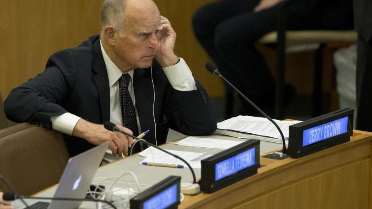 California Gov. Jerry Brown attends a meeting on the Implementation of the Climate and Development Agendas, Friday, April 22, 2016, at U.N. headquarters.