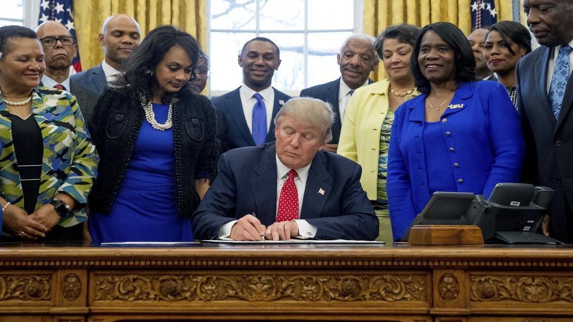 President Donald Trump signs the Historically Black Colleges and Universities HBCU Executive Order in the Oval Office in the White House in Washington.