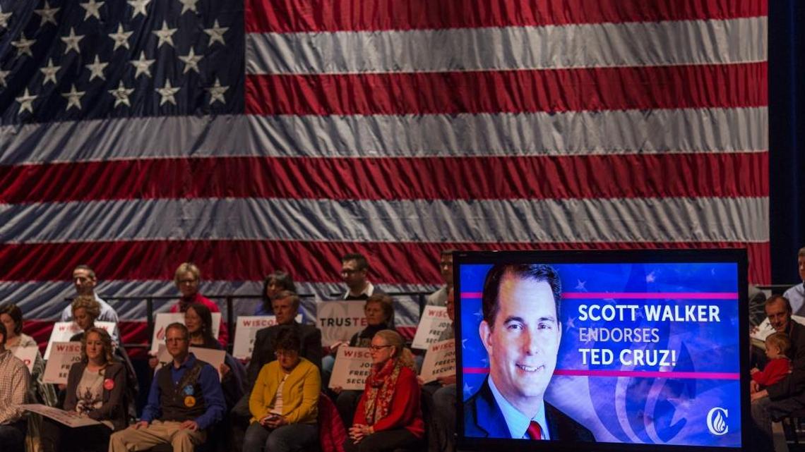 Wisconsin Gov. Scott Walker endorsed Republican presidential candidate Sen. Ted Cruz, R-Texas. But whether that will help in Tuesday’s voting remains to be seen; 59 percent of Wisconsin voters told pollsters last fall that they disapproved of Walker’s actions in office.