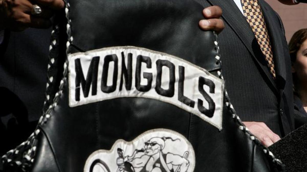 The trademarked Mongols patch is displayed at a 2008 news conference, the start of federal efforts to seize the motorcycle organization’s intellectual property.