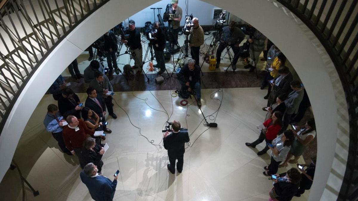 House Intelligence Committee ranking member Adam Schiff, D-Calif., center, speaks with reporters about the committee's investigation into Russia's involvement in the recent U.S. presidential election, on Capitol Hill in Washington, Tuesday, March 7, 2017.