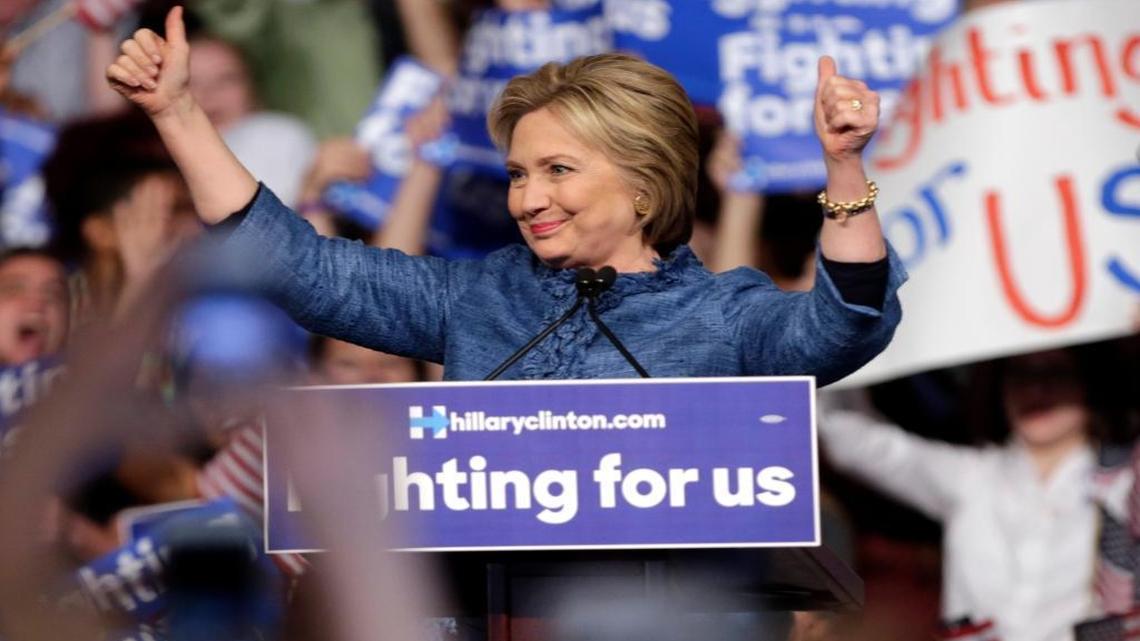 Democratic presidential candidate Hillary Clinton arrives at a campaign rally, Tuesday, March 15, 2016, in West Palm Beach, Fla.