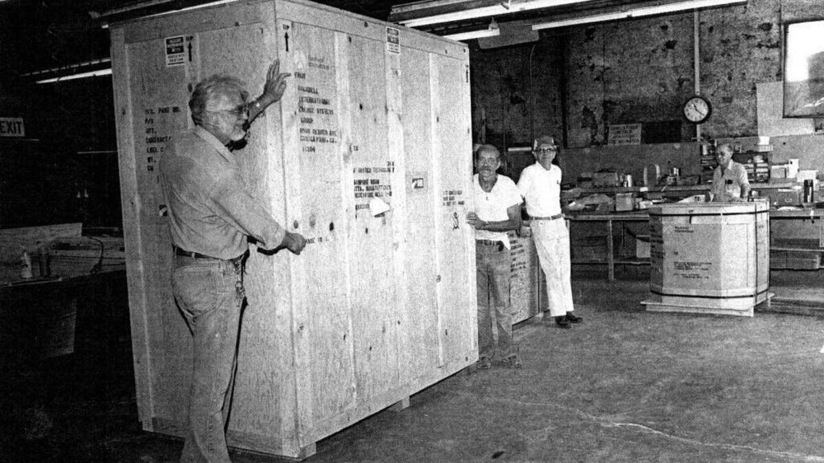 Dan "Big Dan" Kurowski packs radioactive waste at Santa Susanna Field Laboratory, near Los Angeles. Kurowski worked at the site from 1964 to 1997.
