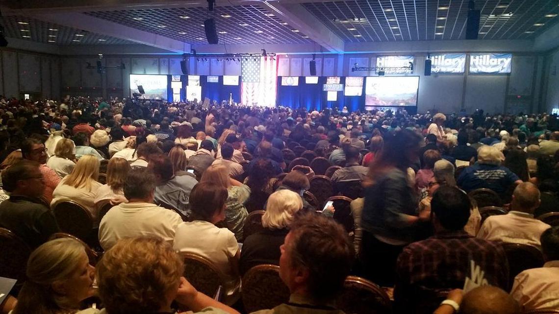 Thousands of people gather at the Paris casino in Las Vegas for the Nevada State Democratic Convention on Saturday. The convention shut down Saturday night after hours of friction between supporters of Bernie Sanders and Hillary Clinton.