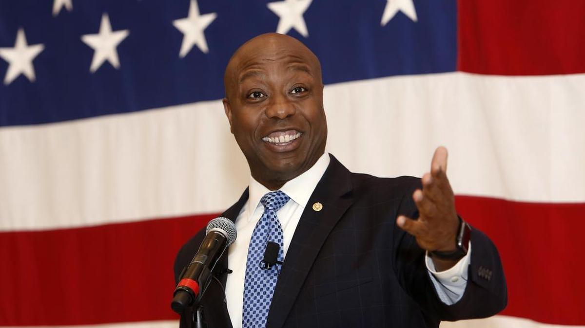 Sen. Tim Scott, R-S.C., speaks with supporters after winning his Senate race over Democratic challenger Thomas A. Dixon at the North Charleston Performing Arts Center in North Charleston, S.C. on Nov. 8, 2016.