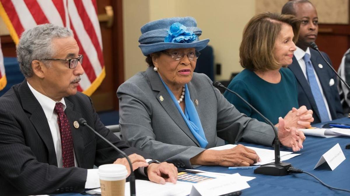 Members of the Historically Black Colleges and Universities Caucus, from left, Rep. Bobby Scott, D-Va., Rep. Alma Adams, D-N.C., House Minority Leader Nancy Pelosi, D-Calif., and Wayne A.I. Frederick, president of Howard University, discuss Democratic priorities for the future of HBCUs.