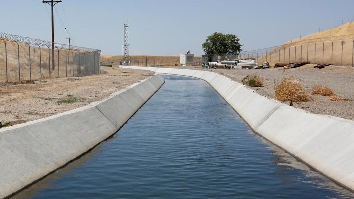 A diversion canal operated by the Byron-Bethany Irrigation District near Byron, California.