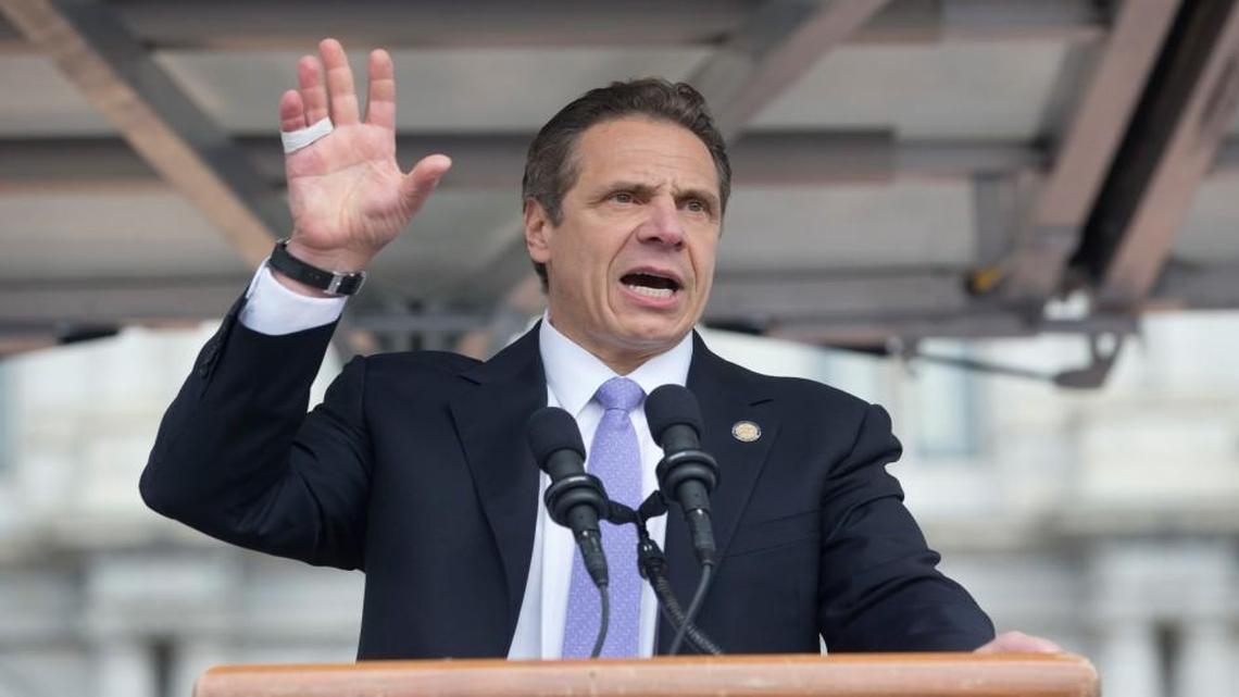 New York Gov. Andrew Cuomo speaks during a rally at the Empire State Plaza on Tuesday, March 15, 2016, in Albany, N.Y. Cuomo has issued a ban on state-funded travel to North Carolina.