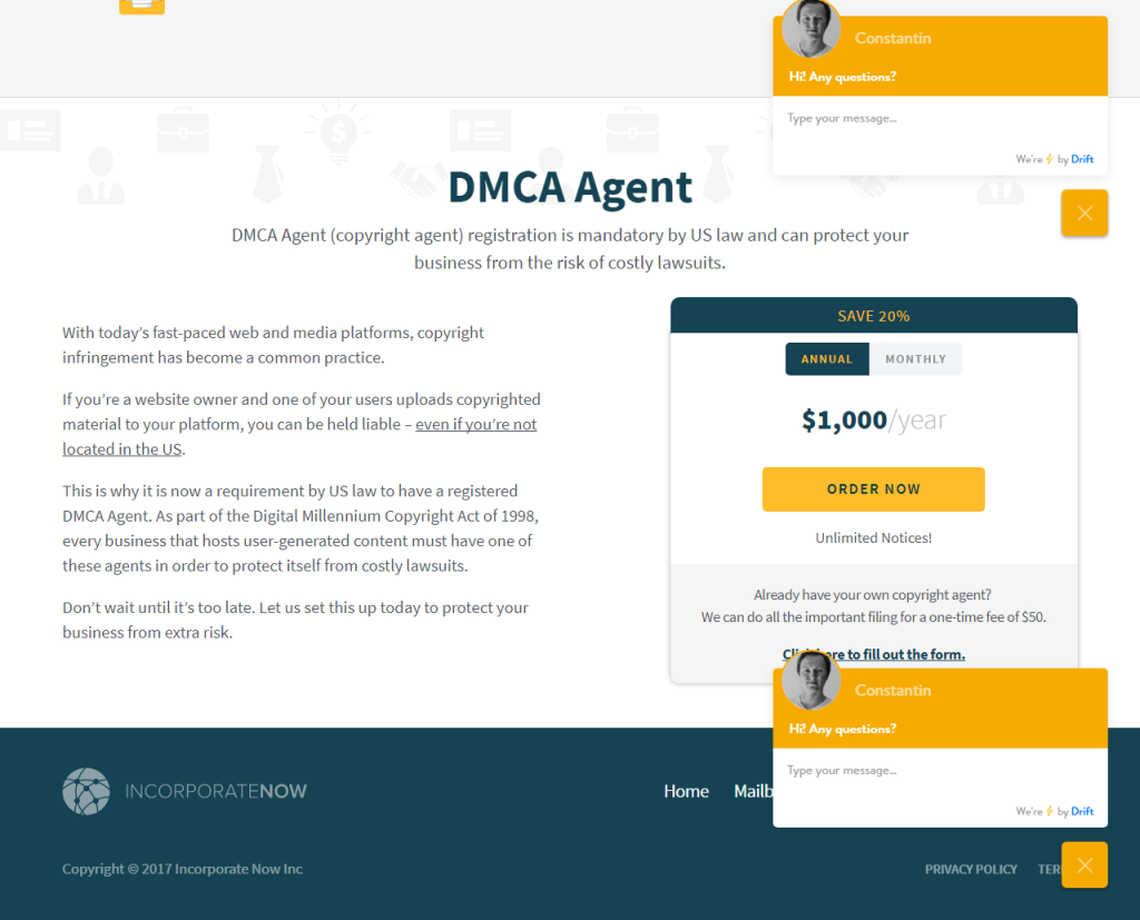 This screenshot shows Constantin Luchian on the website of his Florida-based corporate services company InCorporate Now. It receives takedown notices for numerous Internet sites when they receive complaints of copyright violations.