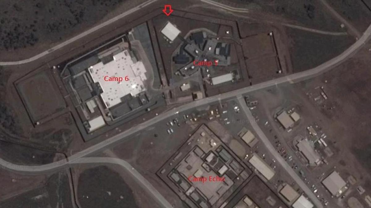 This portion of Guantánamo’s Detention Center Zone, as seen Sept. 27, 2016 on Google Maps, shows Camp 6, where low-value captives are imprisoned; the Camp 5 prison where military contractors are digging trenches in the early stages of work to transform a wing in a medical facility; and an adjacent structure designated by an arrow believed to be Building 2240, described in a court filing as designated for internal demolition to be used as a medical administration center. Across the street is Camp Echo I, where the prison has in the past kept low-value detainees. But the prison commander wrote in his Sept. 23, 2016 filing that Camp 6 ‘currently houses all detainees not designated as high value detainees,’ suggesting a consolidation of sorts from across the street as well.