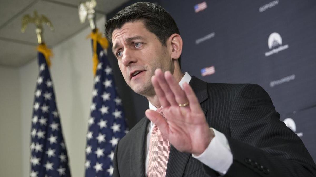 House Speaker Paul Ryan of Wis. tells reporters that Republicans are taking legal steps to stop President Barack Obama from closing the U.S. prison at Guantanamo Bay, Cuba, Wednesday, Feb. 24, 2016, during a news conference on Capitol Hill in Washington.
