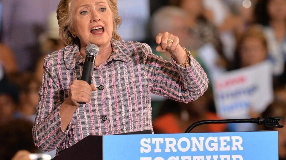 Democratic presidential candidate Hillary Clinton speaks at a Sept. 30, 2016 campaign rally at Coral Springs Gymnasium in Coral Springs, Fla.