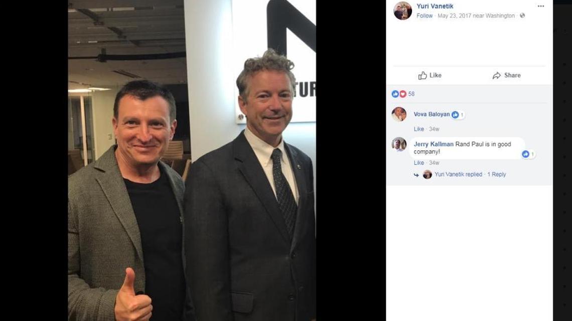 This screenshot from Yuri Vanetik’s Facebook page shows him flashing the thumbs-up sign with Kentucky Republican Sen. Rand Paul.