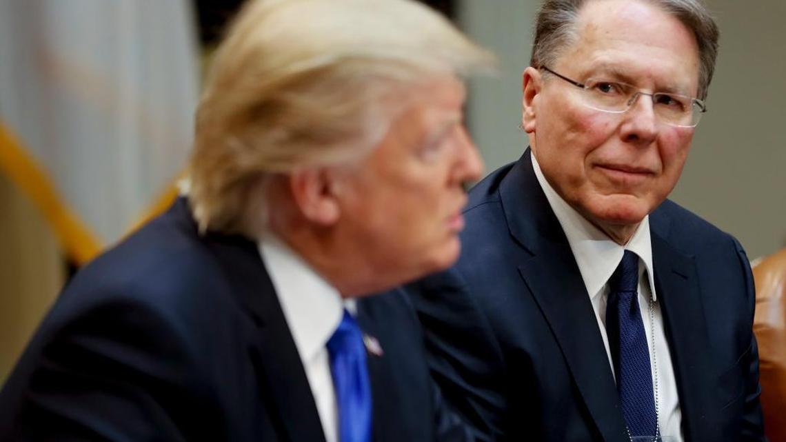 Wayne LaPierre, the National Rifle Association’s executive vice president and chief executive officer, sits next to President Donald Trump at the White House on Feb. 1, 2017, during a discussion of the nomination of Neil Gorsuch to the Supreme Court.