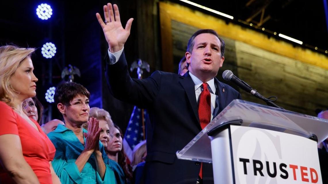 Sen. Ted Cruz, R-Texas, waves as he speaks during an election night watch party Tuesday, March 1, 2016, in Stafford, Texas.