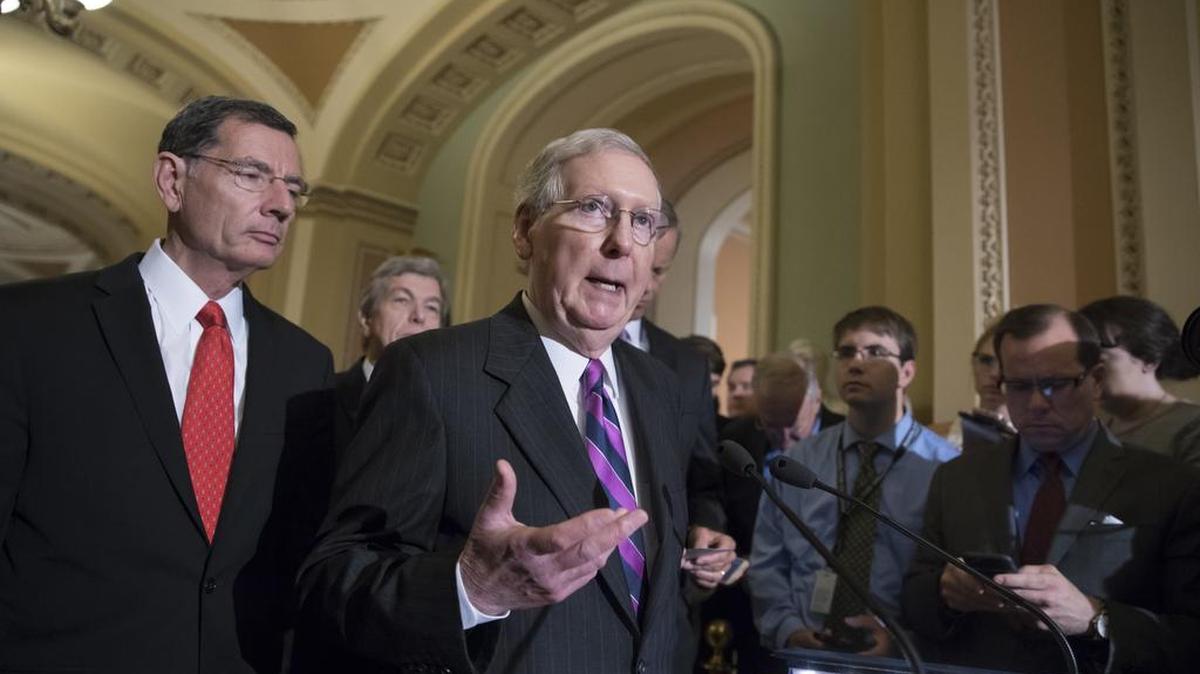 Senate Majority Leader Mitch McConnell of Ky., joined by, from left, Sen. John Barrasso, R-Wyo., and Sen. Roy Blunt, R-Mo., holds his first news conference since the Republican health care bill collapsed last week due to opposition within the GOP ranks, Tuesday, Aug. 1, 2017, on Capitol Hill Washington.