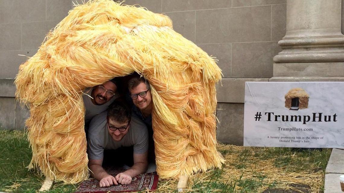 Brooklyn residents Jonny Santos, Tommy Noonan and Sam Levison drove the Trump Hut to Cleveland in a U-Haul.