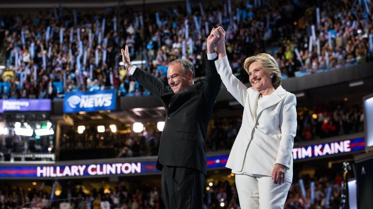 Hillary Clinton and Democratic vice presidential nominee Tim Kaine after she accepts the party's presidential nomination during the final day of the Democratic National Convention at the Wells Fargo Center in Philadelphia on Thursday, July 28, 2016.