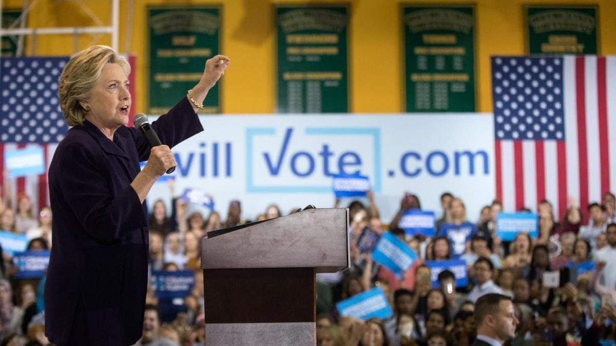 Democratic presidential candidate Hillary Clinton speaks at a rally at Wayne State University in Detroit on Monday, Oct. 10, 2016.