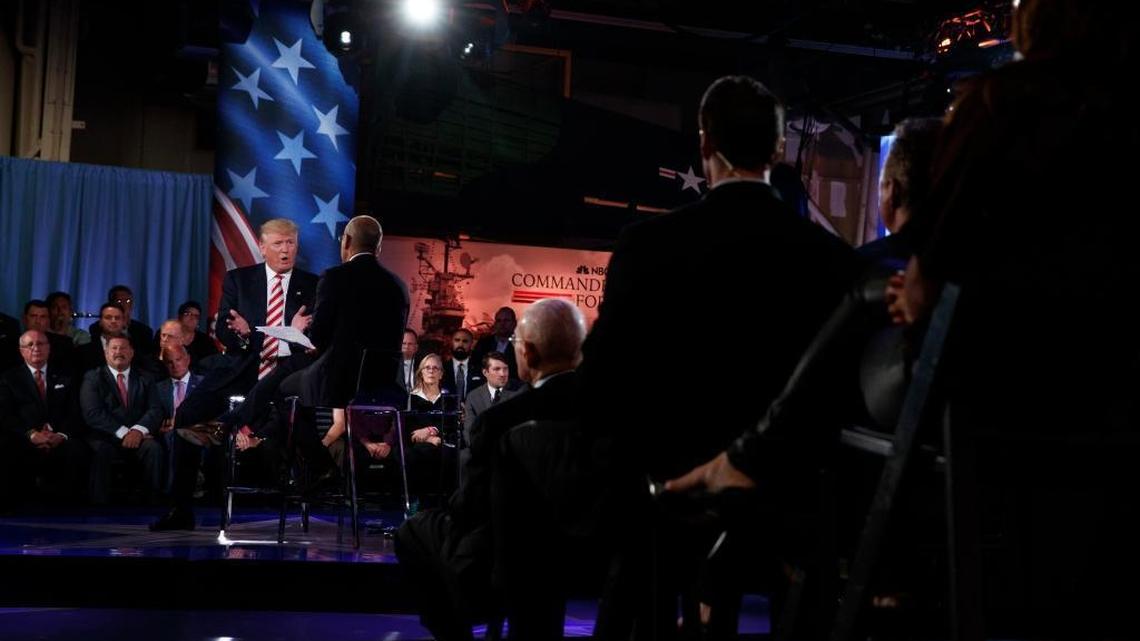 Republican presidential candidate Donald Trump speaks with “Today” show co-anchor Matt Lauer at the NBC Commander-In-Chief Forum at the Intrepid Sea, Air and Space museum aboard the decommissioned aircraft carrier Intrepid in New York on Wednesday, Sept. 7, 2016.