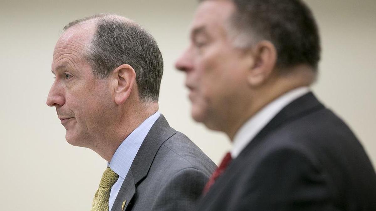 Bill sponsor Rep. Dan Bishop of Mecklenburg County, left and Rep. Skip Stam of Wake County field questions from lawmakers during the Judiciary IV Committee meeting at the Legislative Office Building on Wednesday, March 23, 2016 in Raleigh, N.C.