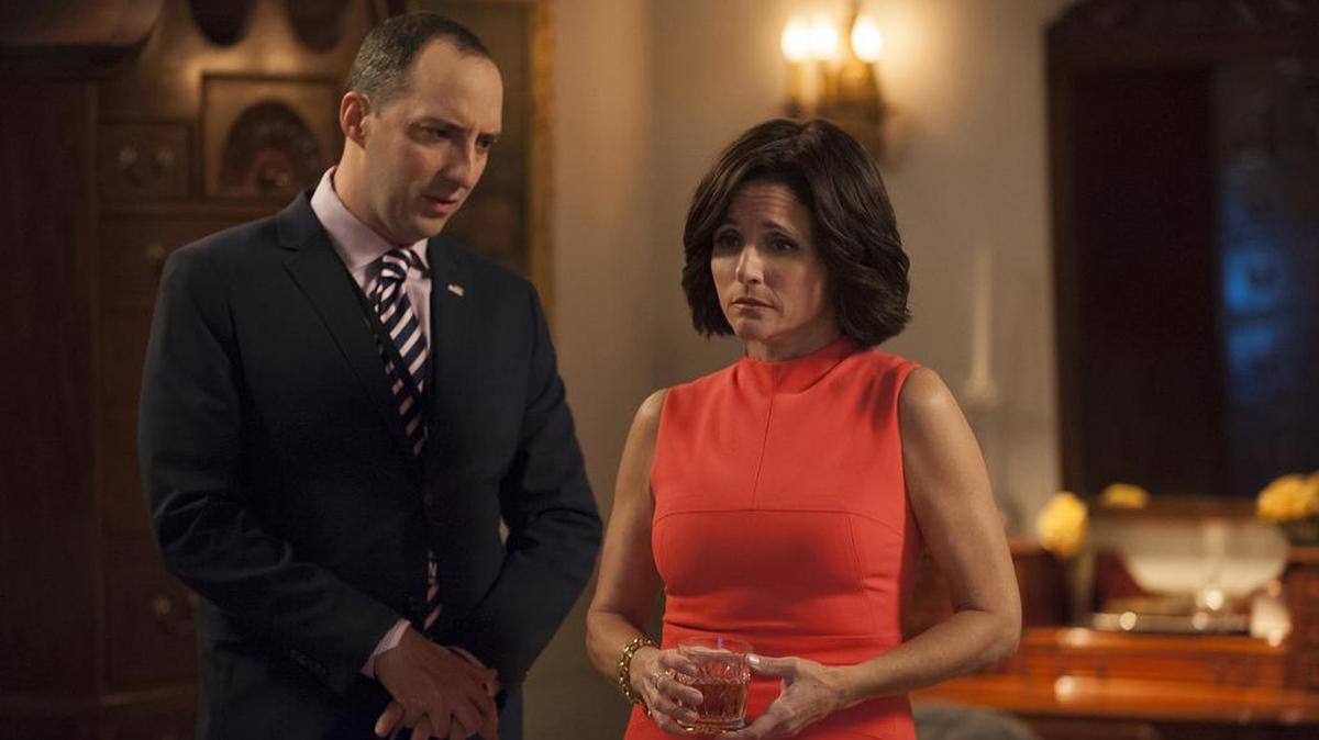 Tony Hale and Julia Louis-Dreyfus star in HBO’s “Veep,” a political satire that tracks the political career of narcissist Selina Meyer (Louis-Dreyfus).